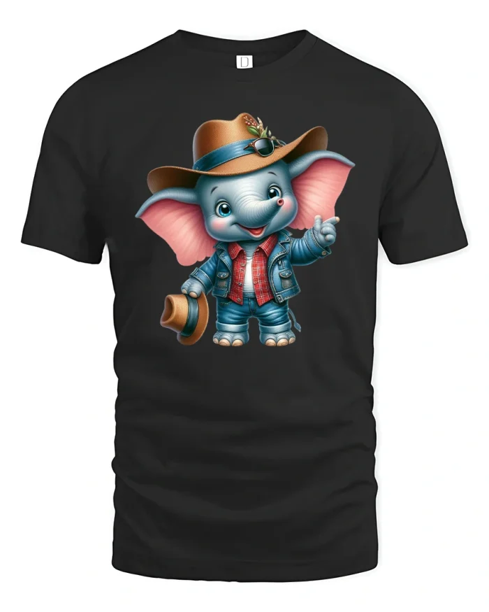 Cute Cowboy Elephant Cartoon Illustration Graphic Tshirt Style - black t-shirt on white background