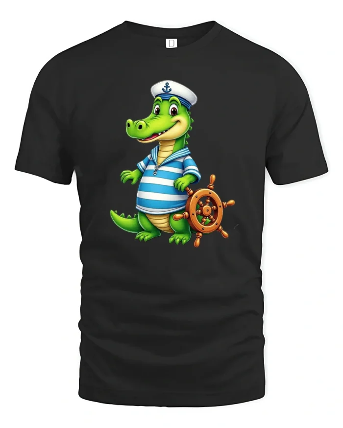 Cute Sailor Crocodile Cartoon Illustration Graphic Tshirt Style - black t-shirt on white background