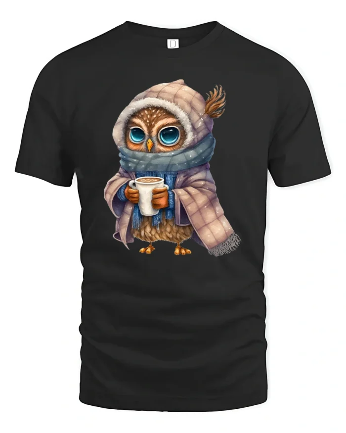 Cozy Winter Owl Holding Coffee Cartoon Illustration Graphic Tshirt - black t-shirt on white background