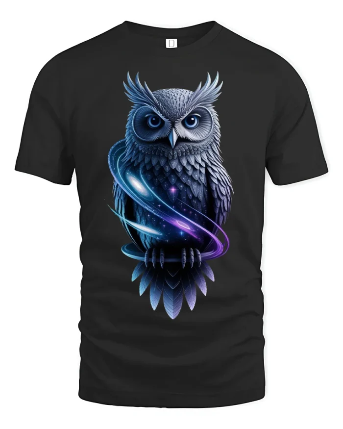 Mystic Galaxy Owl Art T Shirt Cosmic Night Wisdom Design - black t-shirt on white background