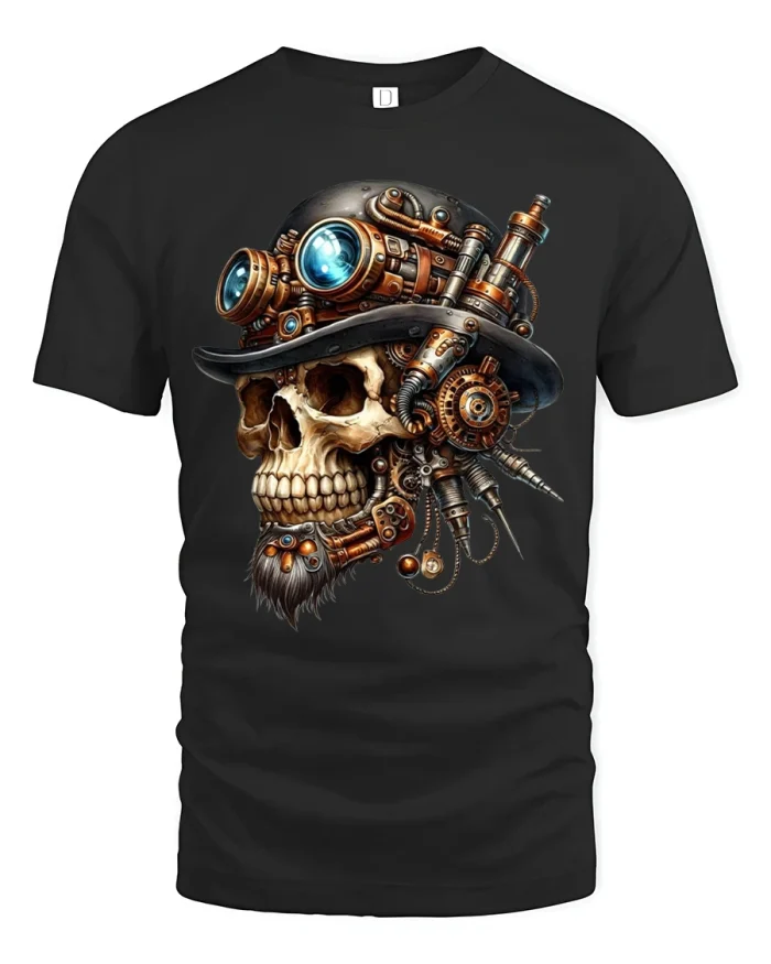 Steampunk Skull Art T Shirt Mechanical Gothic Gear Design - black t-shirt on white background