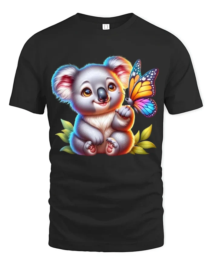 Cute Koala Butterfly T Shirt Adorable Nature Art Illustration - black t-shirt on white background
