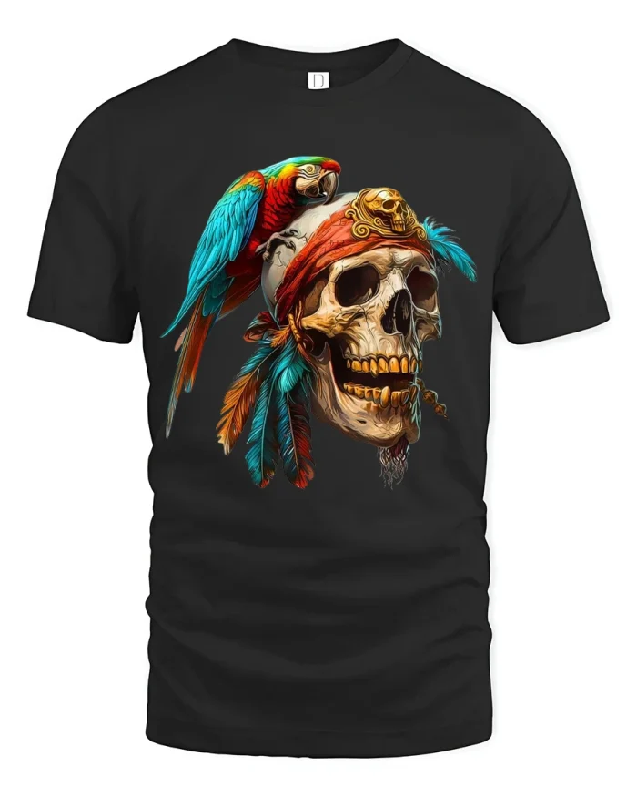 Colorful Parrot Skull Art T Shirt Bold Tribal Fantasy Design - black t-shirt on white background