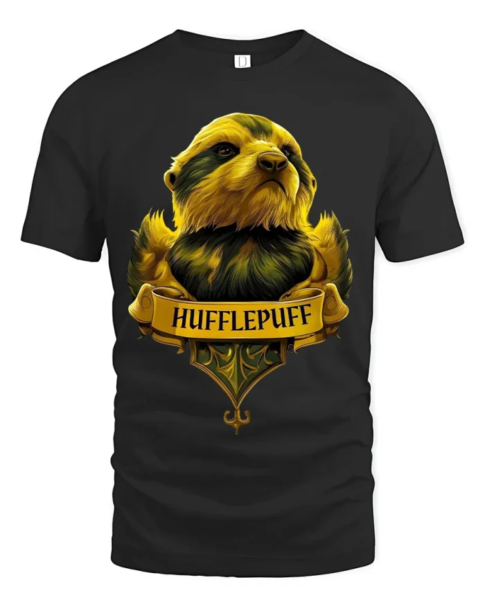 Hufflepuff Badger Crest Art T Shirt Loyal Magical Style - black t-shirt on white background