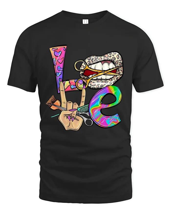 Love Hairstylist Tee With Colorful Salon Art Scissors Lips - black t-shirt on white background