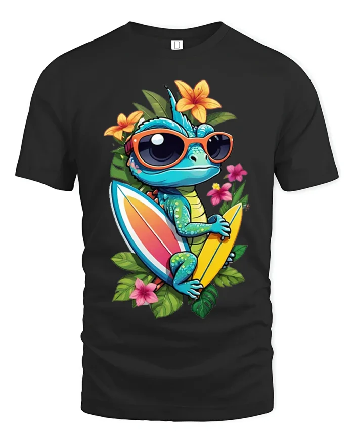 Cool Surfing Lizard Tee With Sunglasses Tropical Summer Vibe - black t-shirt on white background