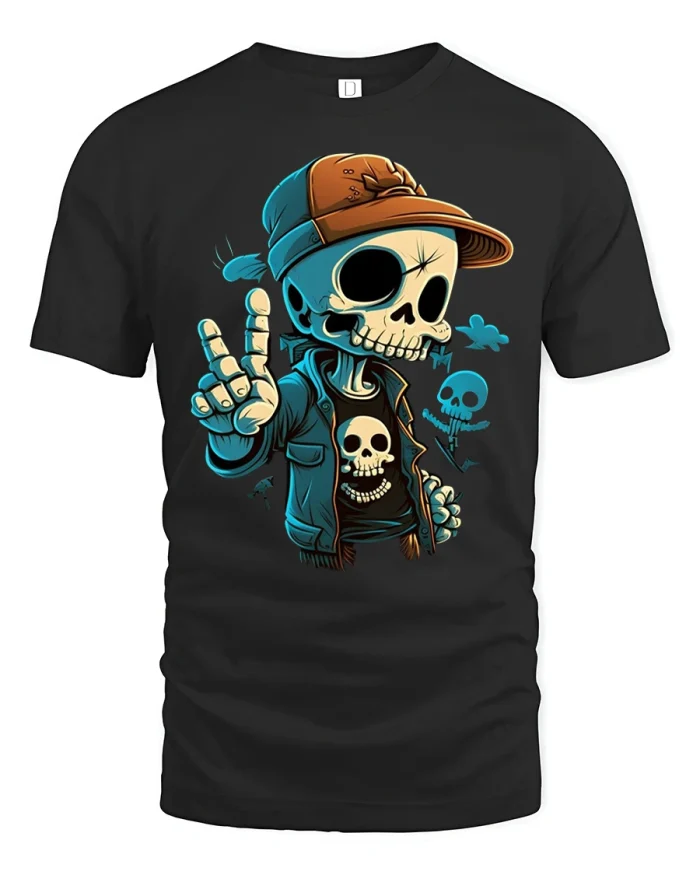 Cool Cartoon Skull Street Style Tee With Peace Hand Graphic - black t-shirt on white background