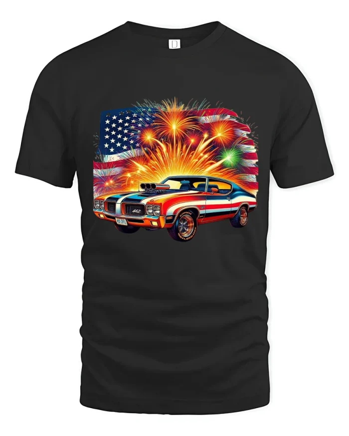 Patriotic Muscle Car Fireworks Tee American Classic Power Art - black t-shirt on white background