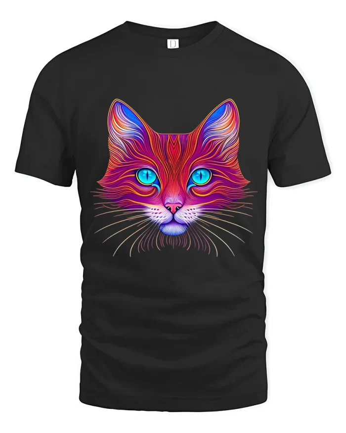 Psychedelic Neon Cat Face Tee Colorful Trippy Art Style - black t-shirt on white background