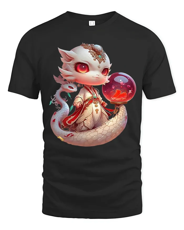 Fantasy Fox Spirit Dragon Orb Tee Mystic Cute Art Style - black t-shirt on white background