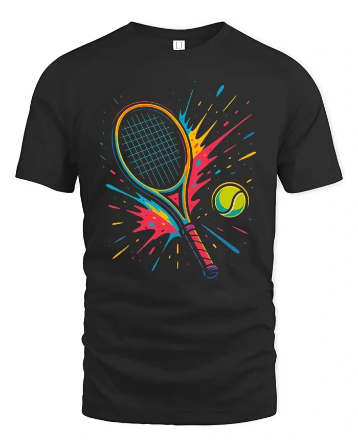 Color Splash Tennis Power Art Tee With Bold Sport Energy - black t-shirt on white background