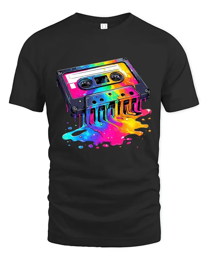 Retro Cassette Melt Art Graphic Tee With Neon Music Vibes - black t-shirt on white background