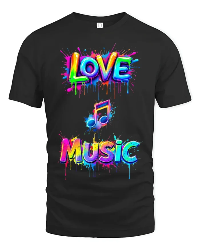Love Music Neon Paint Splash Graphic Tee With Creative Sound Vibes - black t-shirt on white background