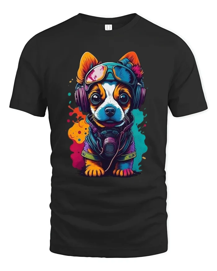Cool DJ Puppy Graphic Tee With Neon Music Street Style - black t-shirt on white background