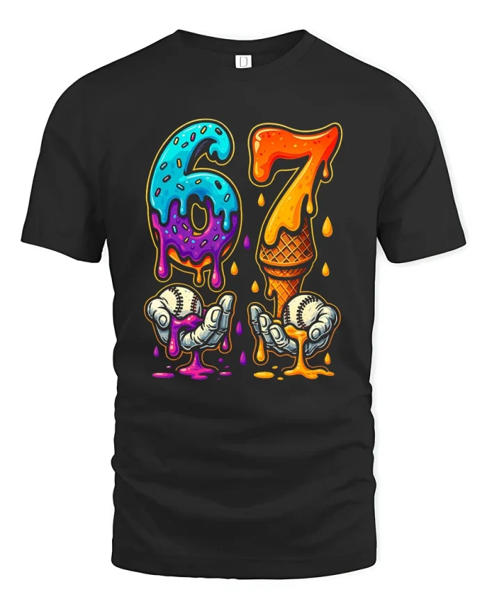 Funny Baseball 67 Ice Cream Drip Graphic Tee With Sweet Style - black t-shirt on white background