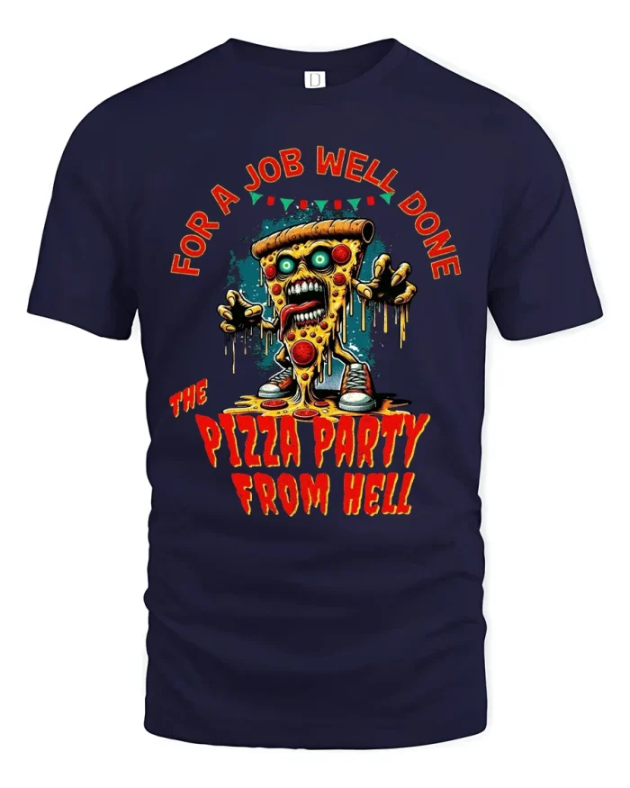 Funny Pizza Party From Hell Graphic Tee With Dark Humor Style - navy t-shirt on white background