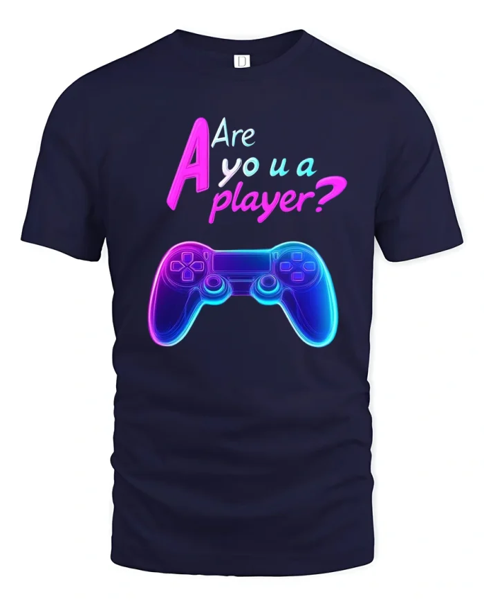 Are You A Player Neon Game Controller Graphic Tee With Glow Style - navy t-shirt on white background