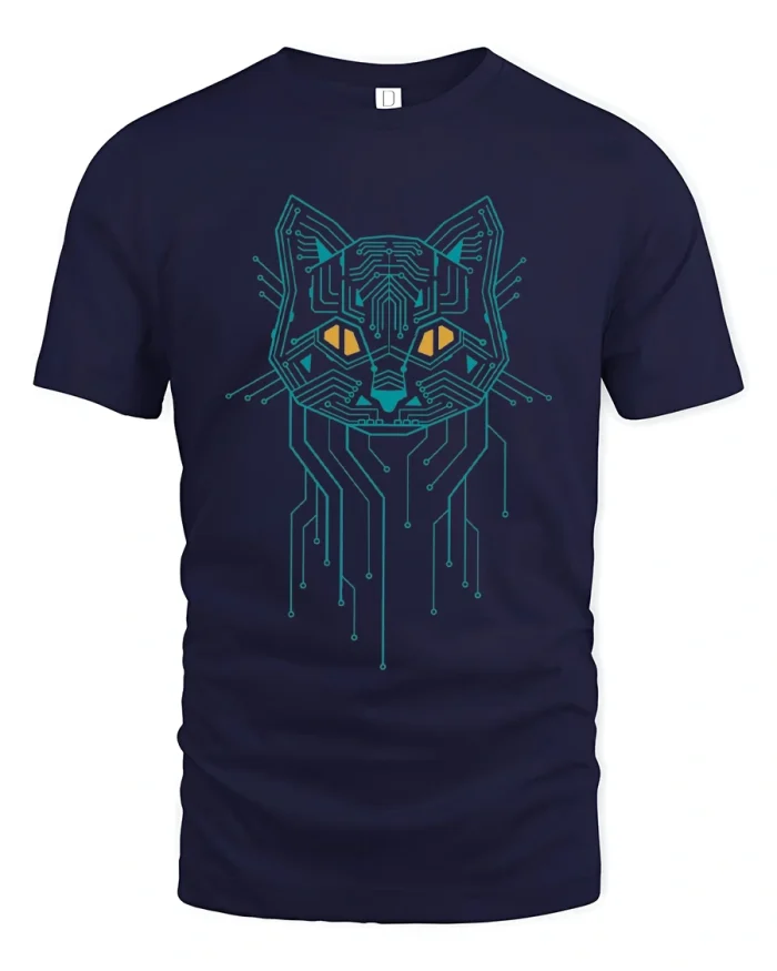 Cyber Circuit Cat Graphic Tee With Futuristic Tech Style - navy t-shirt on white background