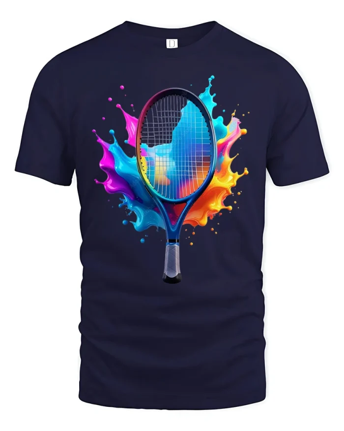 Color Splash Tennis Racket Graphic Tee With Dynamic Sport Energy - navy t-shirt on white background