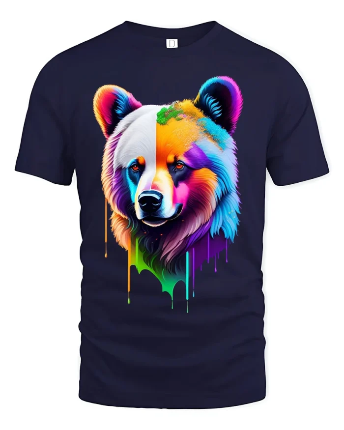 Colorful Paint Drip Bear Graphic Tee With Artistic Wild Spirit - navy t-shirt on white background