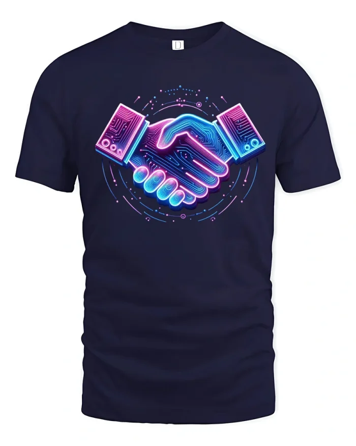 Neon Digital Handshake Graphic Tee With Futuristic Tech Trust - navy t-shirt on white background