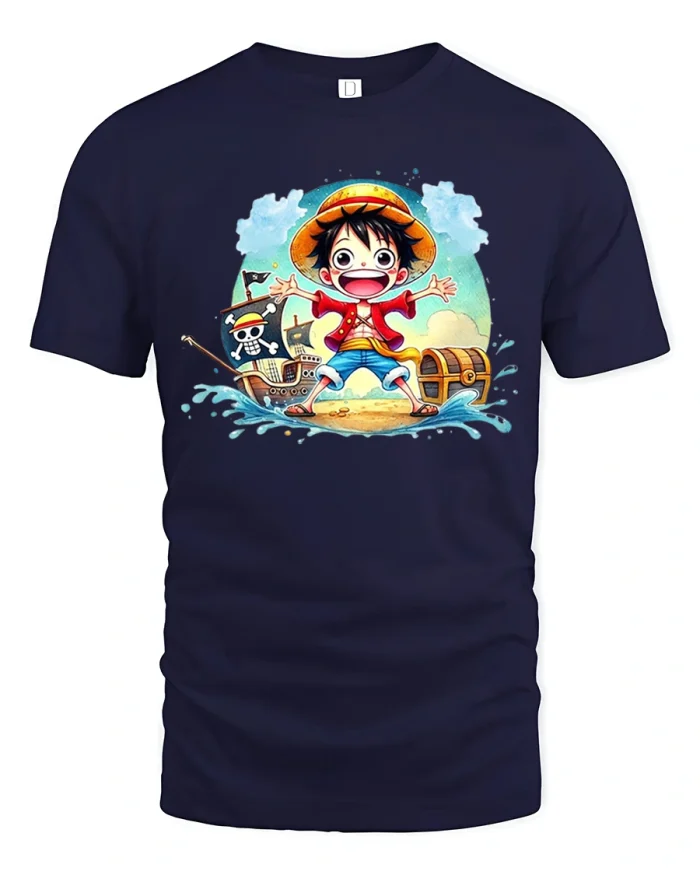 Happy Anime Pirate Adventure Graphic Tee With Cute Island Vibes - navy t-shirt on white background