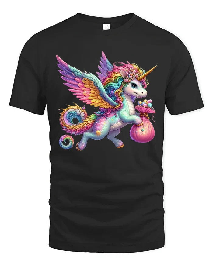 Magical Flying Unicorn Fantasy Art Tee With Rainbow Wings Charm - black t-shirt on white background