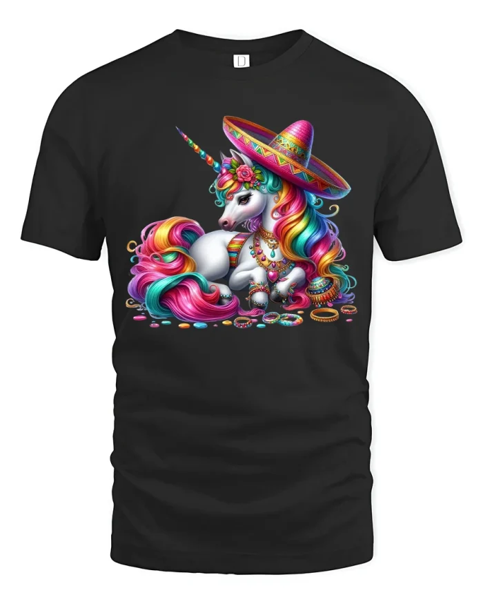 Colorful Fiesta Unicorn Graphic Tee With Magical Mexican Style - black t-shirt on white background