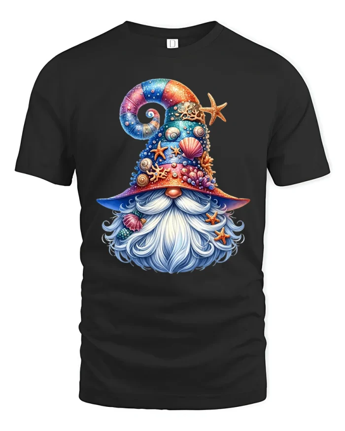 Whimsical Ocean Gnome Graphic Tee With Coastal Fantasy Charm - black t-shirt on white background