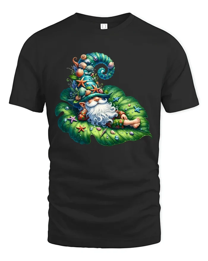 Whimsical Forest Gnome Graphic Tee With Cozy Nature Fantasy Art - black t-shirt on white background