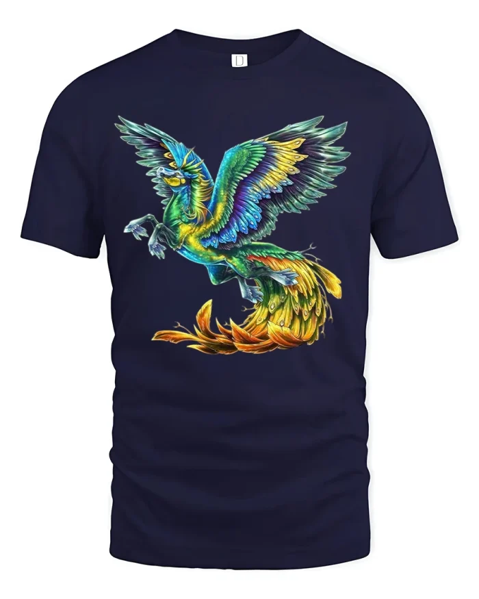 Majestic Phoenix Fantasy Art Tee With Vibrant Mythical Energy - navy t-shirt on white background