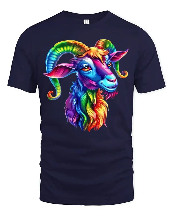Colorful Rainbow Goat Art Tee With Bold Fantasy Animal Style - navy t-shirt on white background
