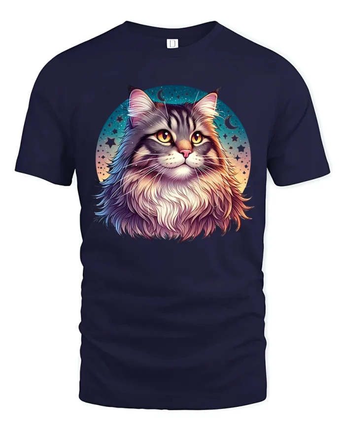 Mystical Moonlight Cat Art Tee With Dreamy Cosmic Night Style - navy t-shirt on white background