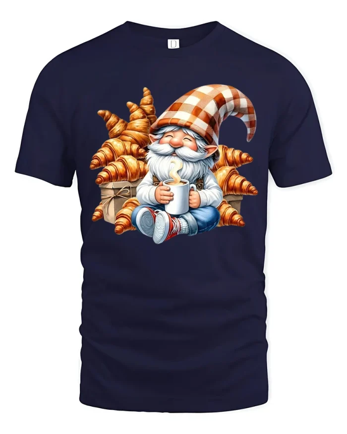 Cozy Coffee Gnome And Croissant Art Tee With Warm Morning Vibes - navy t-shirt on white background