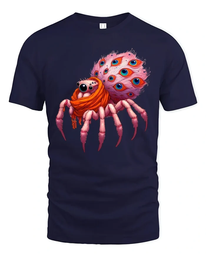 Cute Pink Peacock Spider Illustration Tee With Whimsical Fantasy Style - navy t-shirt on white background