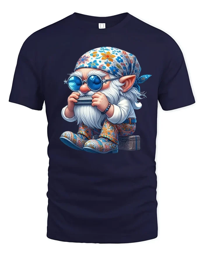 Cute Musical Gnome Harmonica Art Tee With Cozy Whimsical Charm - navy t-shirt on white background