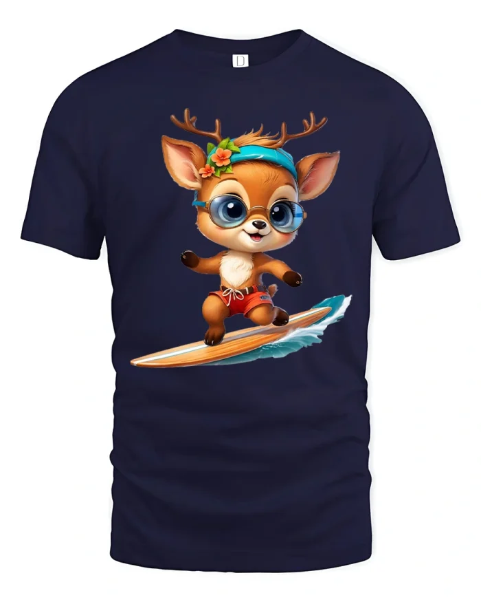Cute Surfing Deer Cartoon Tee With Playful Summer Adventure Vibes - navy t-shirt on white background
