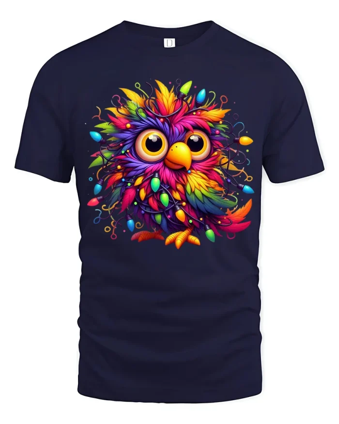 Colorful Whimsical Owl Art Tee With Bright Playful Creative Energy - navy t-shirt on white background