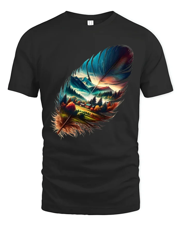 Nature Feather Landscape Graphic T Shirt Dreamy Scenic Art Tee - black t-shirt on white background