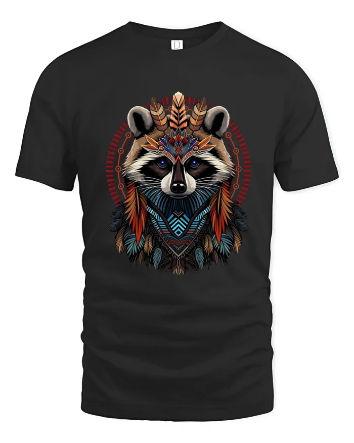 Tribal Raccoon Spirit Graphic T Shirt Native Art Animal Tee - black t-shirt on white background