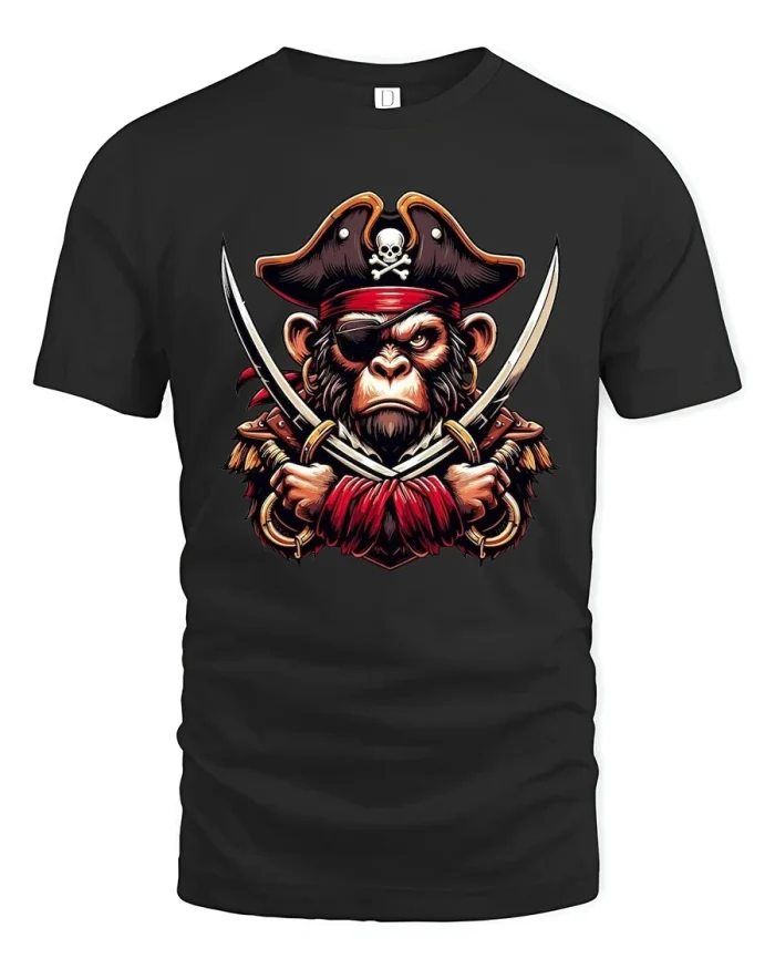 Fierce Pirate Monkey Graphic Tee Bold Adventure Animal Art Tshirt - black t-shirt on white background