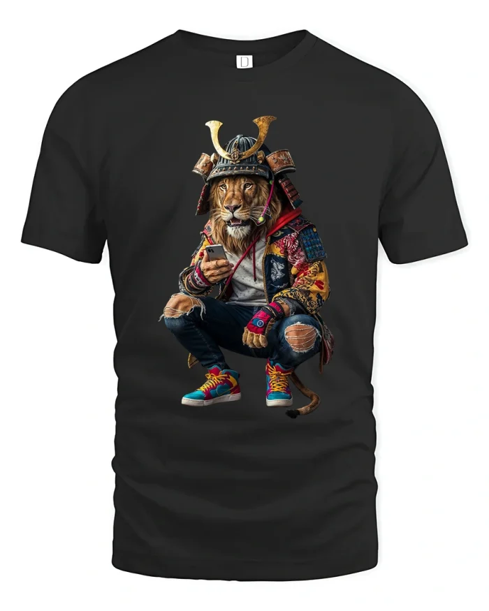 Modern Samurai Lion Graphic T Shirt Street Style Warrior Art Tee - black t-shirt on white background