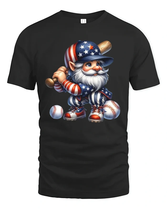 Patriotic Baseball Gnome Graphic T Shirt Fun American Sport Tee - black t-shirt on white background