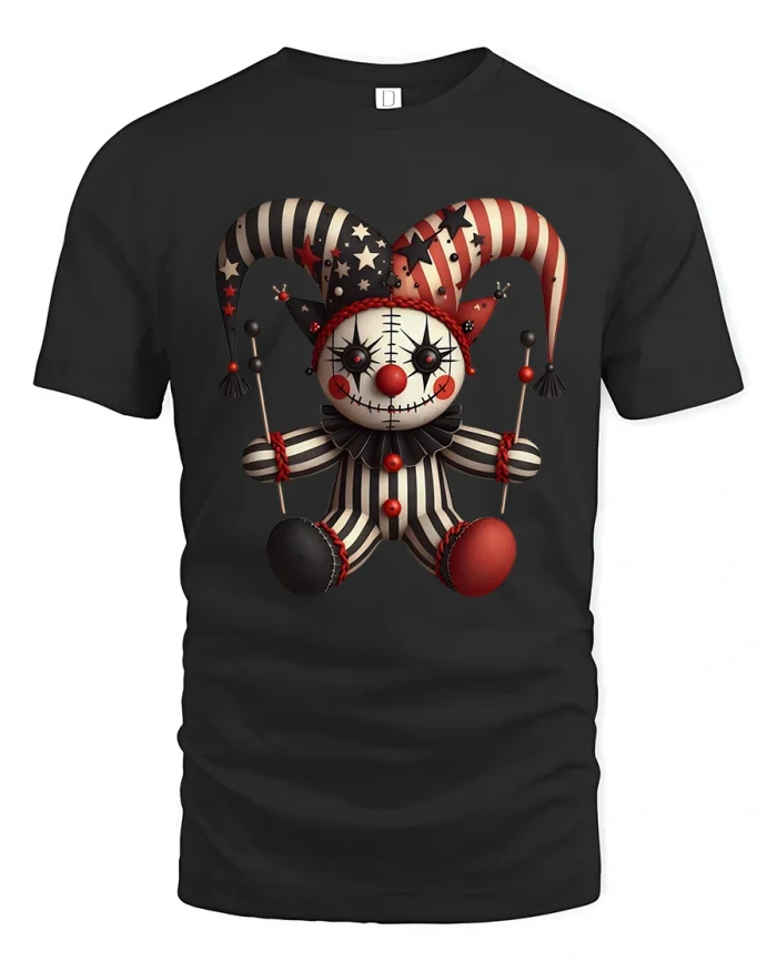 Creepy Cute Jester Doll Graphic T Shirt Dark Circus Art Tee - black t-shirt on white background
