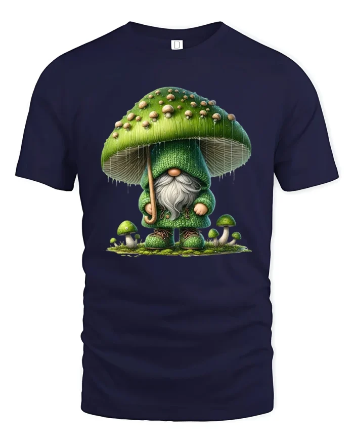 Cute Mushroom Gnome Graphic T Shirt Whimsical Forest Art Tee - navy t-shirt on white background