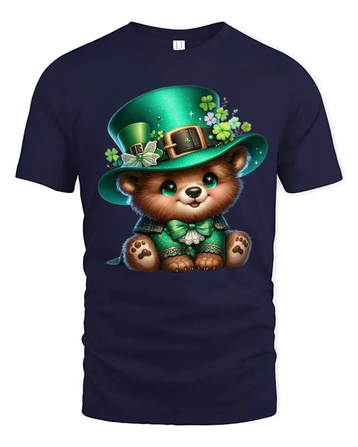 Cute Lucky Bear Graphic T Shirt Adorable Clover Art Tee - navy t-shirt on white background