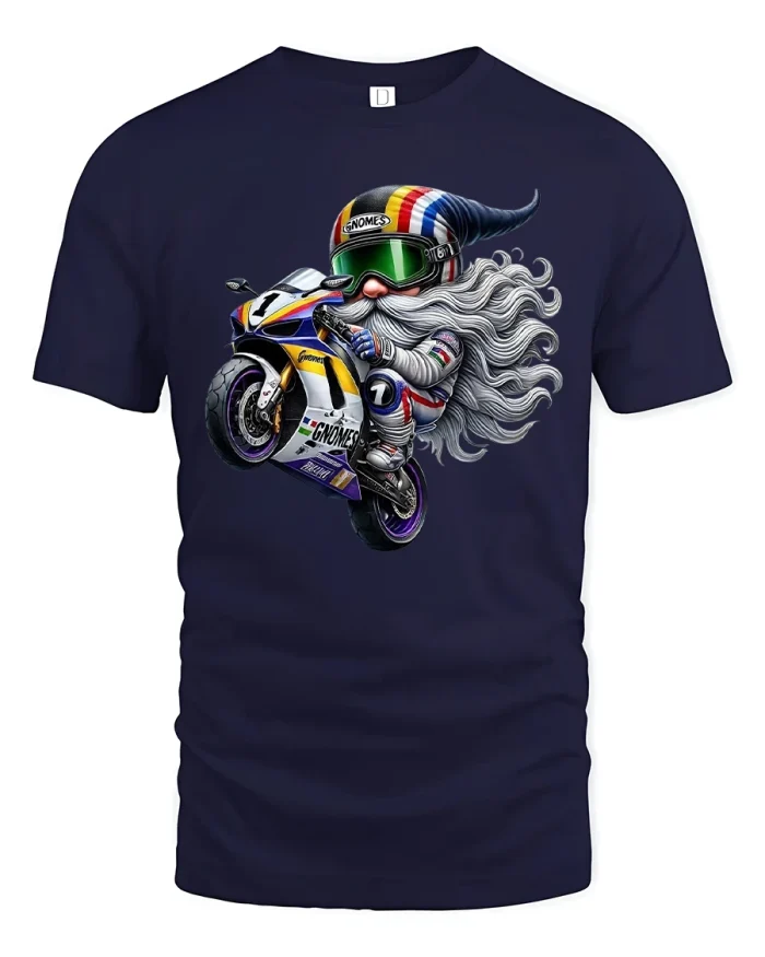 Funny Racing Gnome Motorcycle Graphic T Shirt Speed Rider Art Tee - navy t-shirt on white background