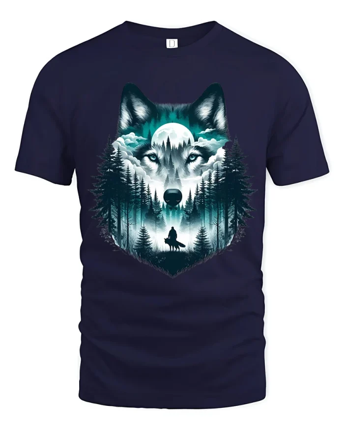 Mystic Wolf Forest Graphic T Shirt Moonlit Nature Spirit Art Tee - navy t-shirt on white background
