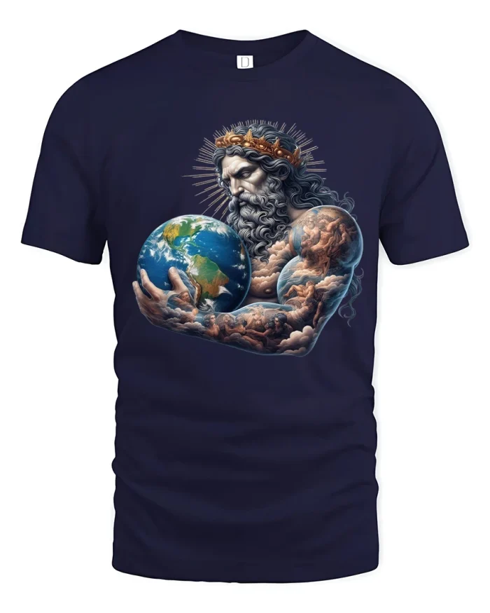Divine Creator Holding Earth Graphic T Shirt Epic God Art Tee - navy t-shirt on white background