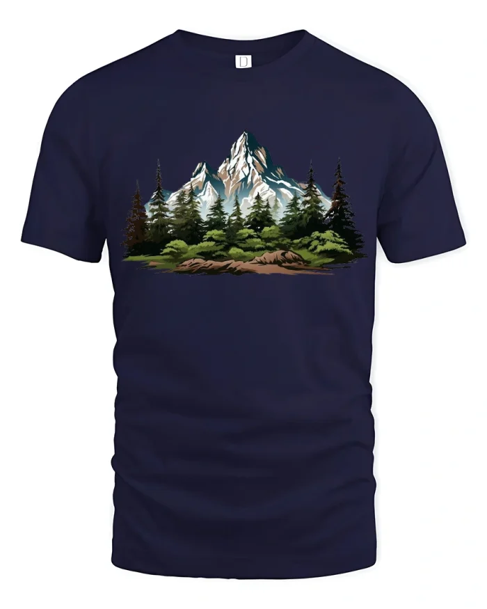 Majestic Mountain Forest Graphic T Shirt Peaceful Nature Art Tee - navy t-shirt on white background